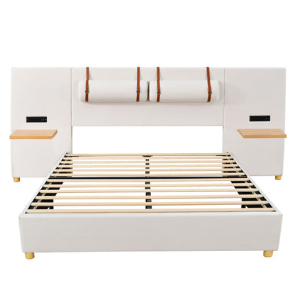Upholstered Platform Bed, 2 Outlets And USB Charging Ports On Both Sides, 2 Bedside Pillows, Storage Shelves