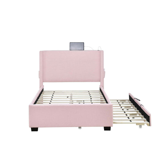 Twin Size Upholstered Bed Frame With Trundle Bed, Teddy Fabric, USB Functionality, And A Pocket Design On The Side Of The Headboard For Storing Small Items - Baby Pink