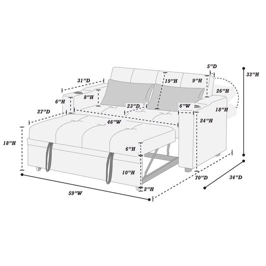 Convertible Sofa With Pull Out Bed, USB Ports & Cup Holders, Matching Pillows - Black