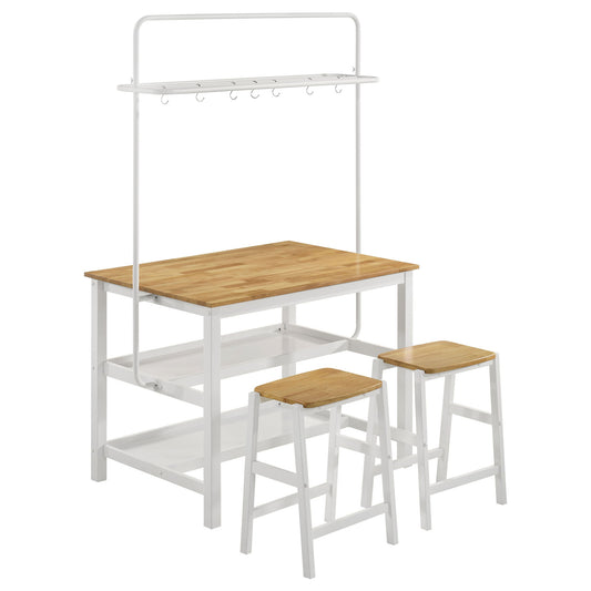 Prager - 3 Piece Kitchen Island Counter Table Set With Overhead Rack And Backless Stools - White