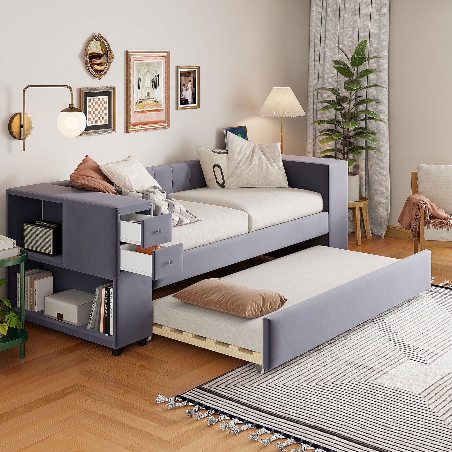 Upholstered Bed With Storage And Twin Trundle, USB Charging Ports