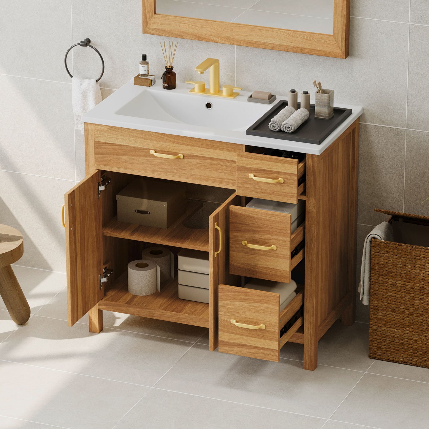 Bathroom Vanity, 2 Soft Close Doors, 3 Soft Close Drawers, Adjustable Shelf - Wood