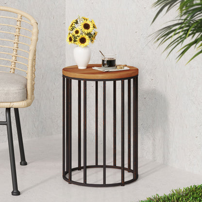 Outdoor Cylindrical Side Table With Round Solid Wood Top And Metal Frame - Natural