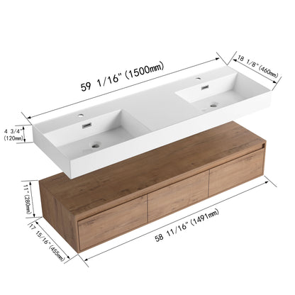 Contemporary Wall Mounted Bathroom Vanity With Dual Resin Sink And Soft Close Drawer