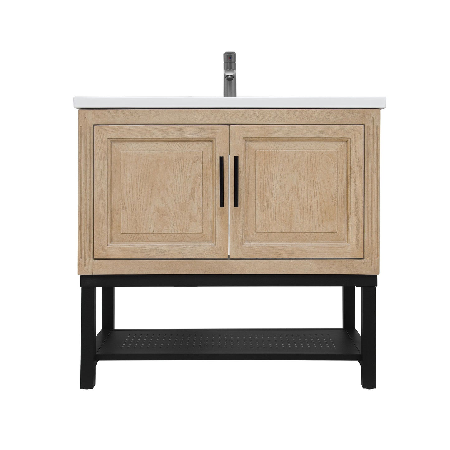 Modern Freestanding Bathroom Vanity With Ceramic Sink, Hot And Cold Faucet, Storage Cabinet & Open Shelf