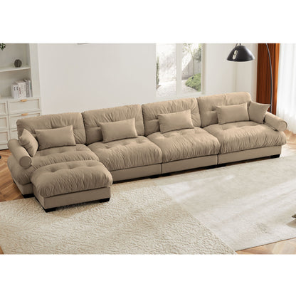 Modern Sectional Sofa With Ottoman, Round Bolster Armrests, Waist And Throw Pillows