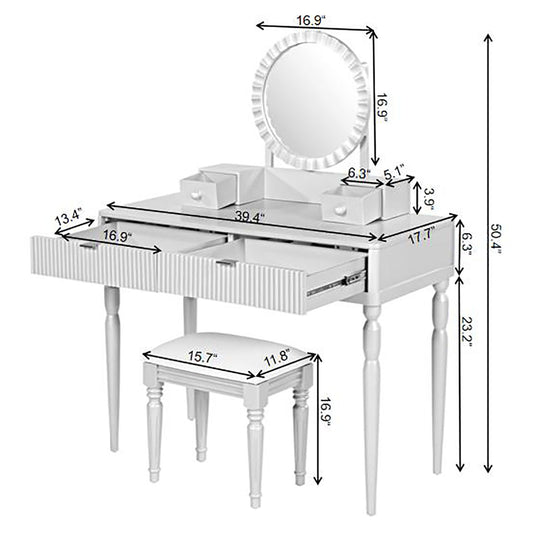 Luxury Vanity Desk With Round Mirror Height Adjustable Dressing Table Set Engineered Wood - Silver