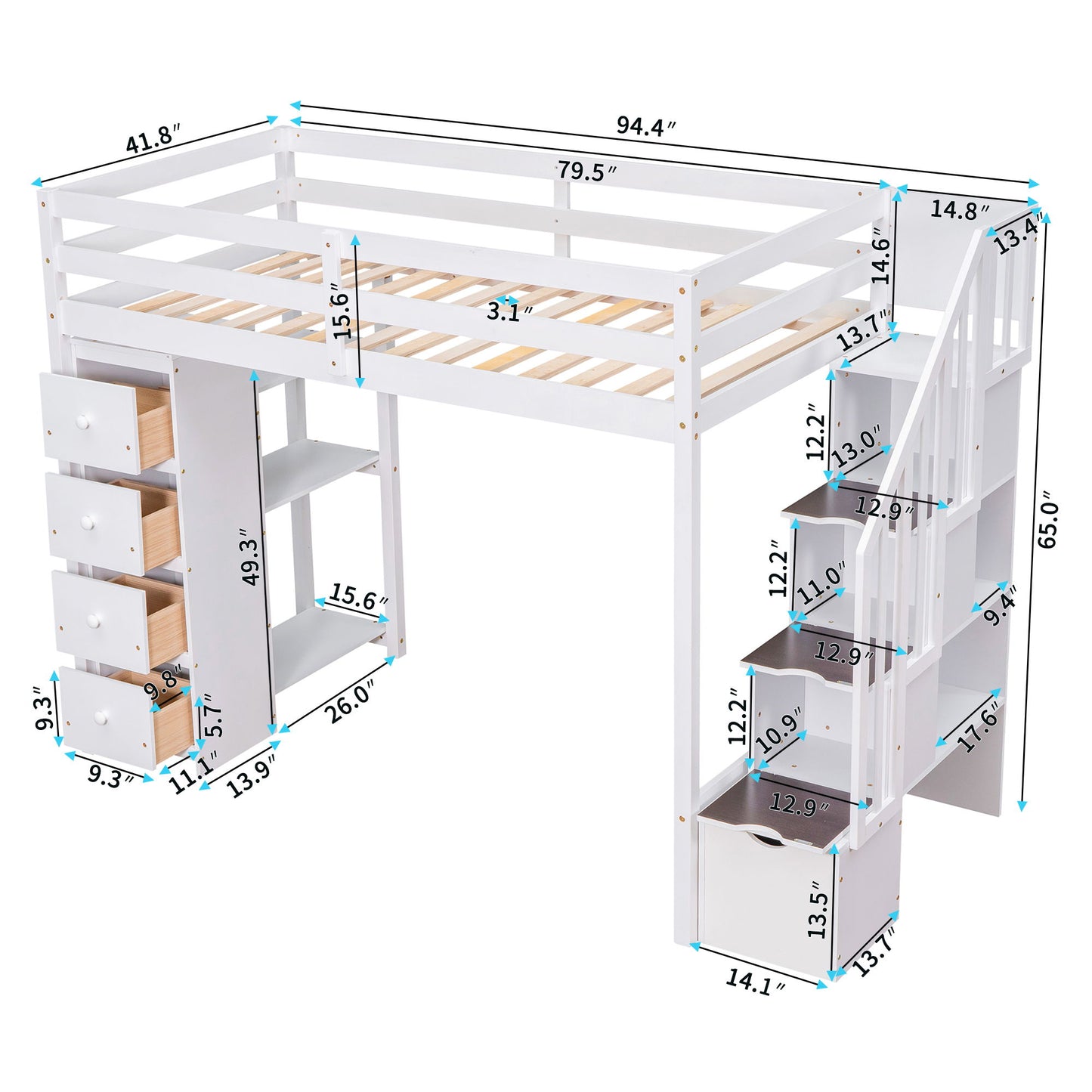 Loft Bed With Storage Drawers And Stairs With Shelves