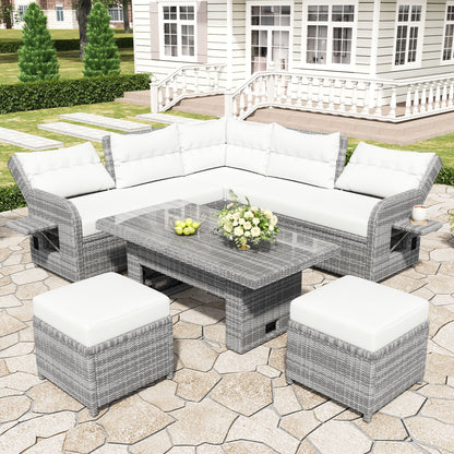 Outdoor Furniture Set Patio Rattan Furniture Set With Adjustable Table, Recliners With Extendable Side Tables And 2 Ottomans