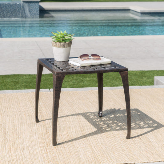 Lunaire - Outdoor Square Cast Aluminum Side Table With Lattice Top And Curved Legs - Bronze