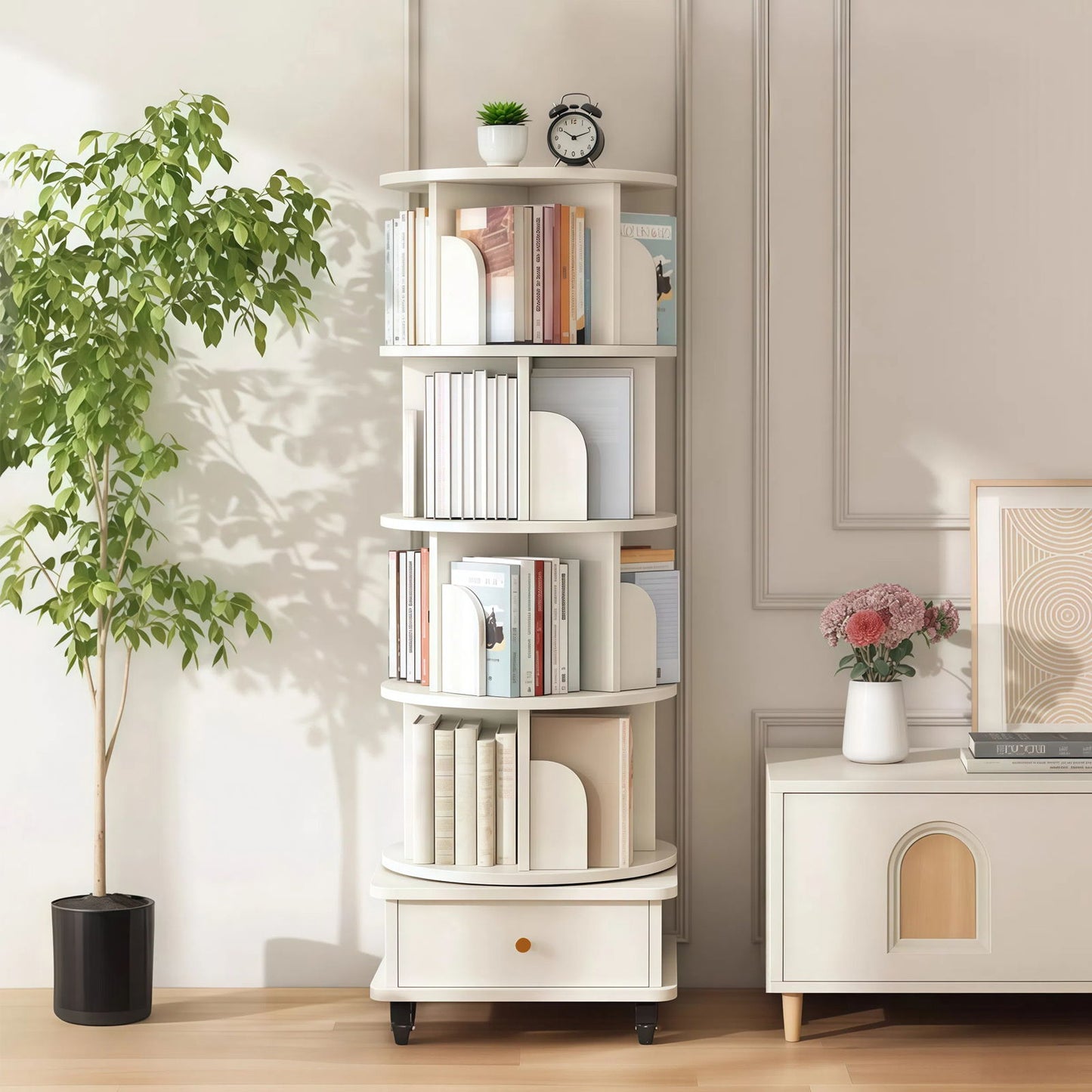 Rotating Bookshelf With Wheels And Drawer, 360° Spinning Design, Space Saving Storage