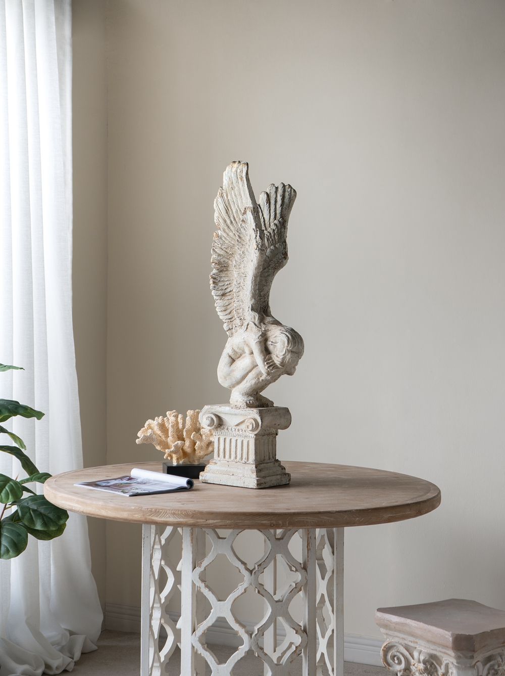 Round Wooden Dining Table With Ornate Cut Out Base - Brown / Antique White