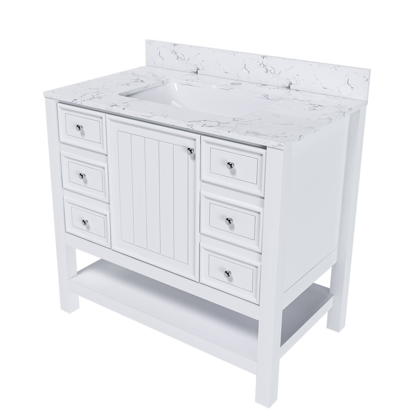 37" Bathroom Vanity, Multi Functional Cabinet With Doors And Drawers, Frame, Single Faucet Hole - White