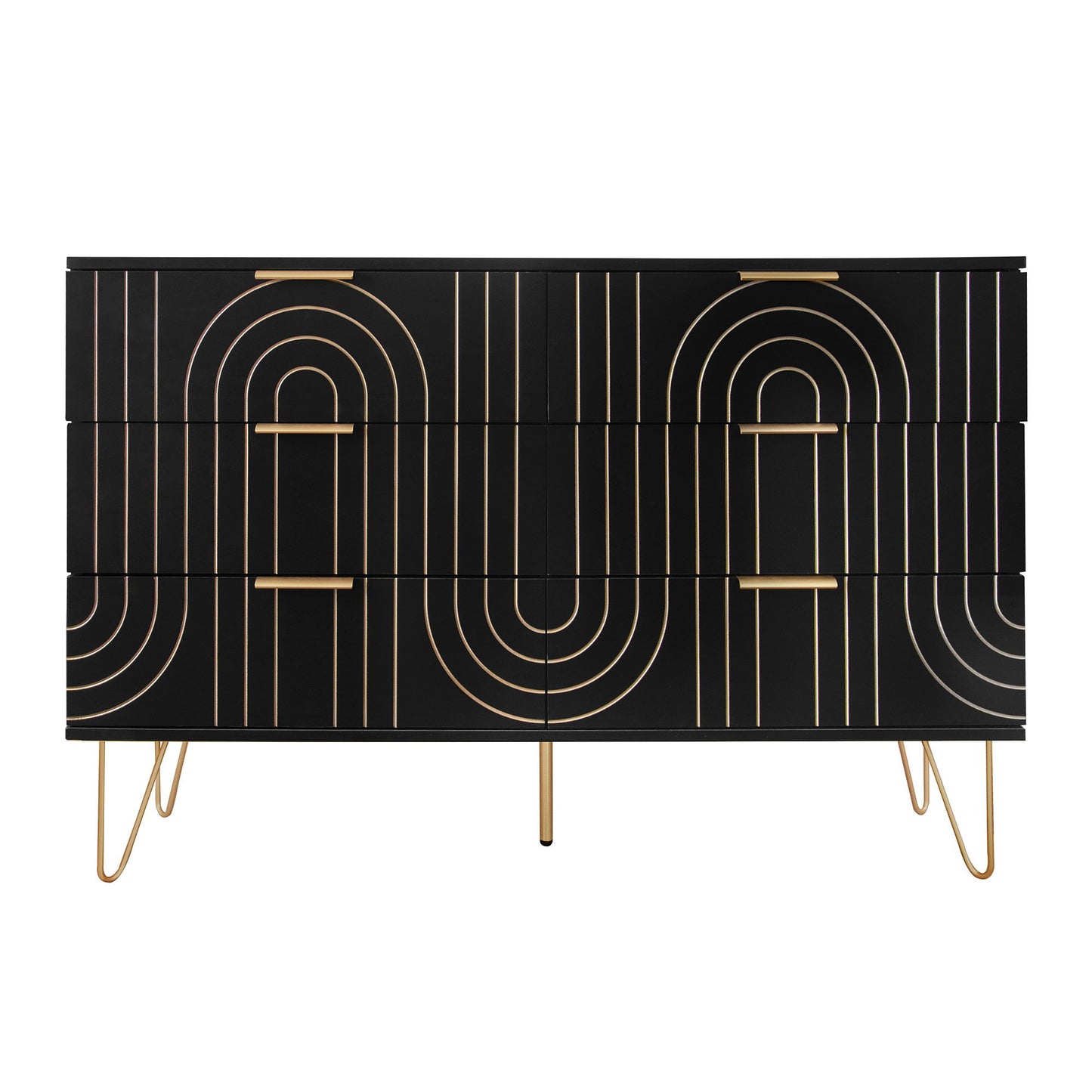 Modern 6 Drawer Dresser, Modern Dresser With Metal Handles, Storage Chest Of Drawer, Wide Dresser Drawer Organizers With Carving Design For Bedroom, Living Room, Hallway - Black