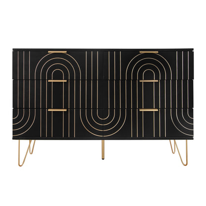 Modern 6 Drawer Dresser, Modern Dresser With Metal Handles, Storage Chest Of Drawer, Wide Dresser Drawer Organizers With Carving Design For Bedroom, Living Room, Hallway - Black