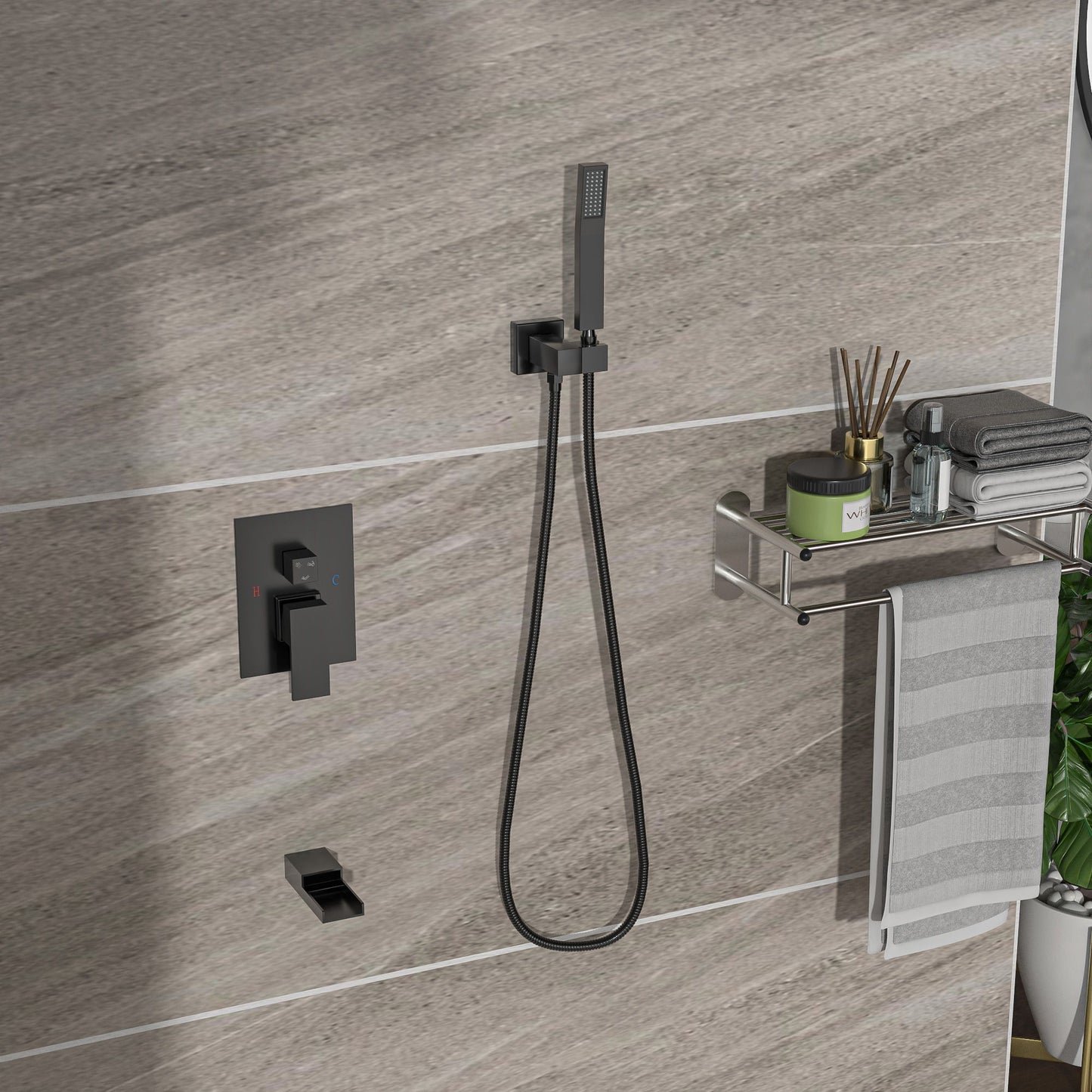 Wall Mounted Square Shower System With Rainfall Tub Spout And Handheld Shower, 10" - Matte Black