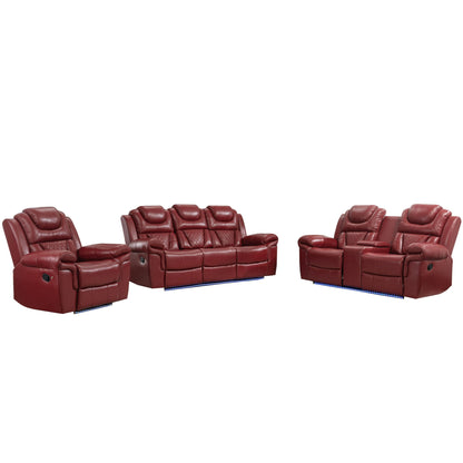 Home Theater Seating Manual Recliner Chair With Center Console And LED Light Strip For Living Room - Red