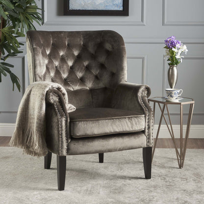 Elegant Velvet Club Chair With Handcrafted Details - Gray