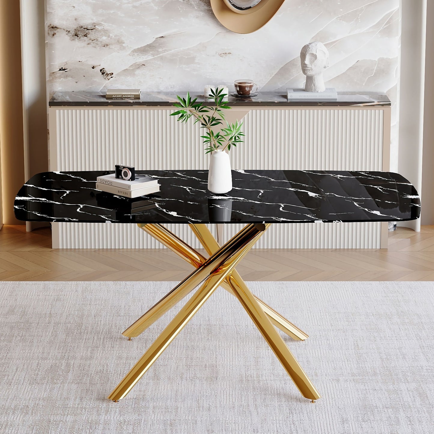 Luxurious Marble Patterned Dining Table With Metal Fork Legs
