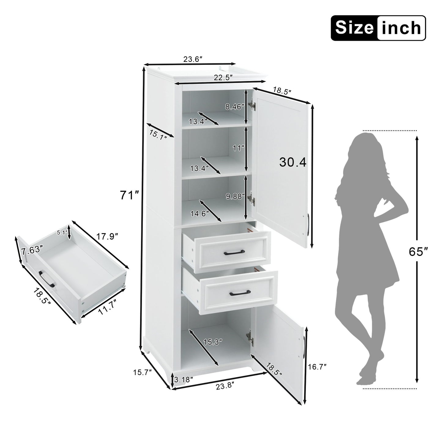 Freestanding Bathroom Vanity Tall With Damping Hinge Doors, Adjustable Shelves - White