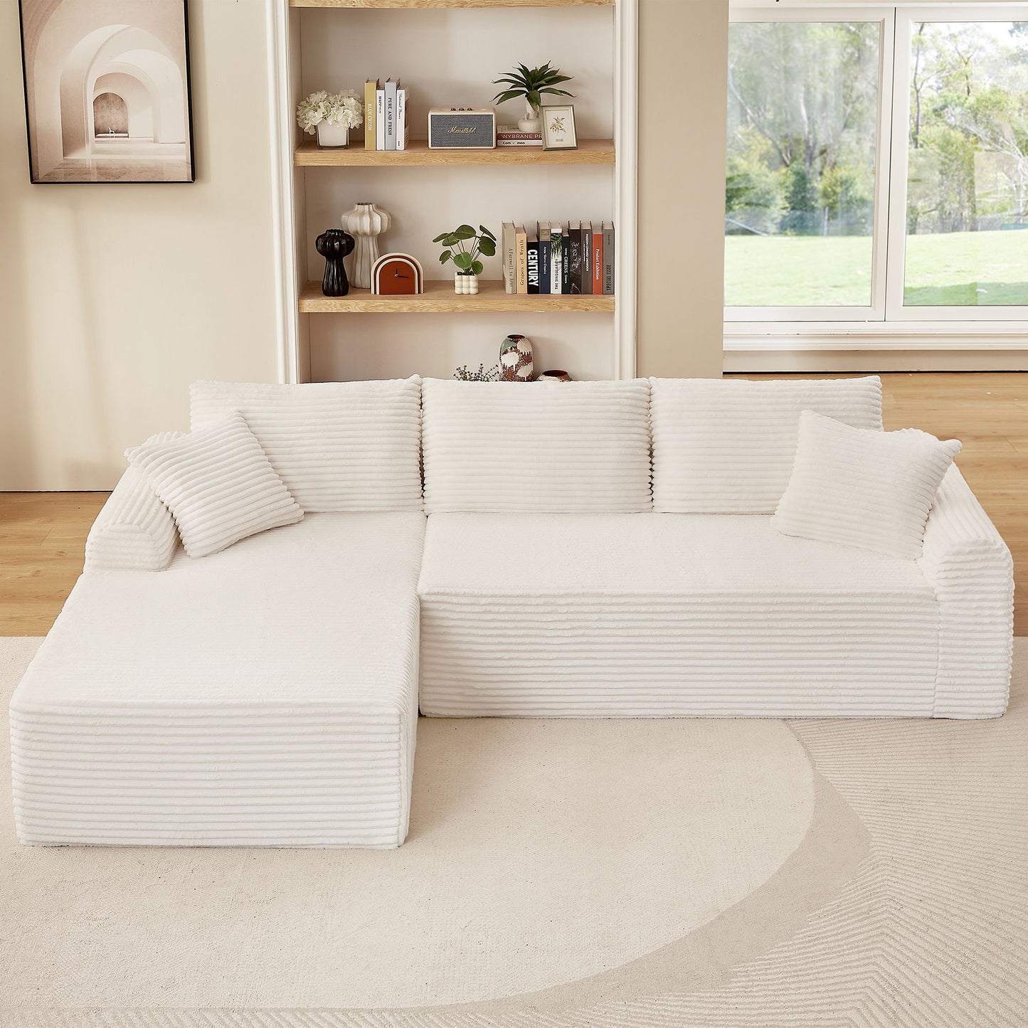 Modular Corduroy Sectional With Arched Armrests, Includes 3 Back Cushions & 2 Throw Pillows