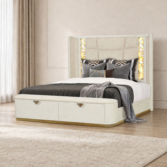 La Pierre - King Bed With Storage Drawers And LED Headboard - Beige