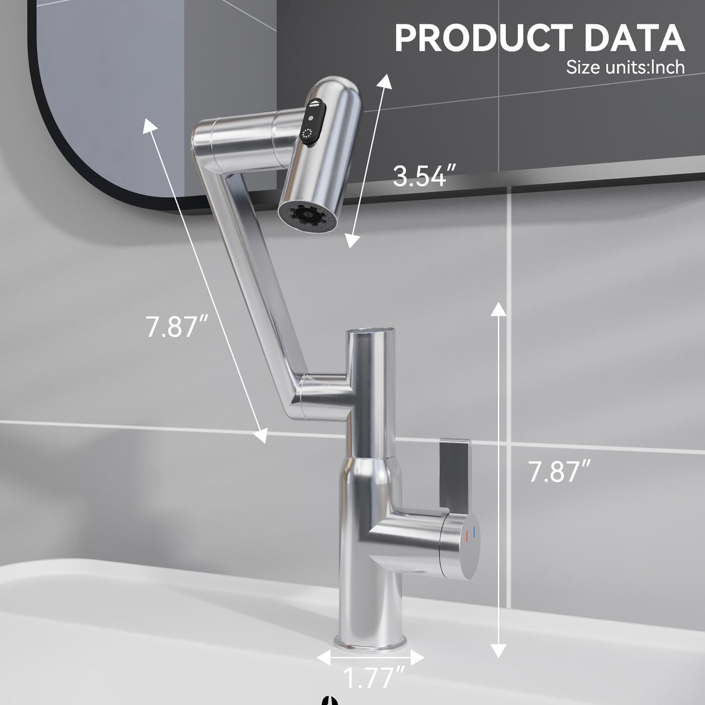 Bathroom Sink Faucet With Spray Function And Temperature Display, Anti Skid Switch, 360 Degree Rotary