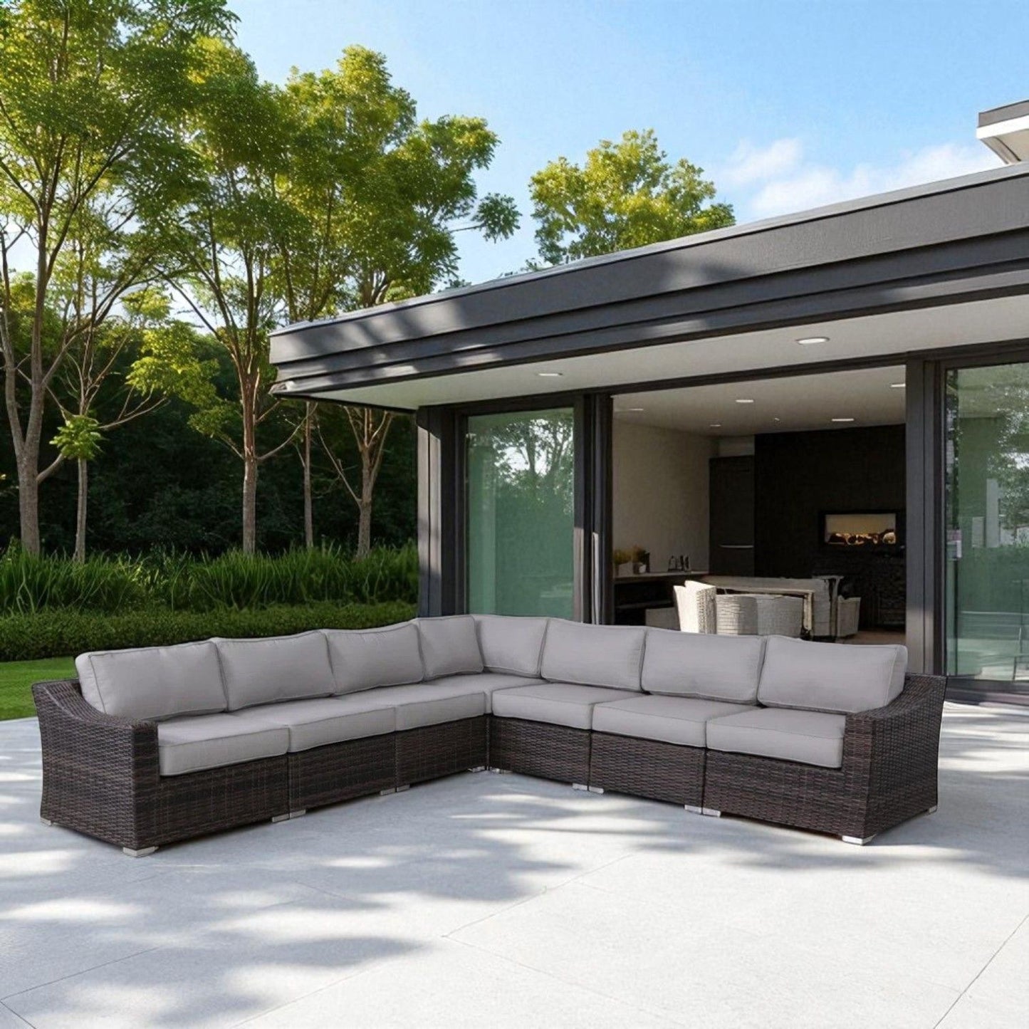 Contemporary Outdoor Rattan Wicker Sectional Seating Group With Cushions