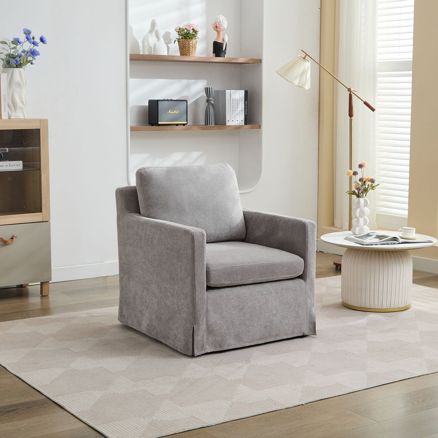 Upholstered Skirted Swivel Chair With Removable Back Cushion For Living Room