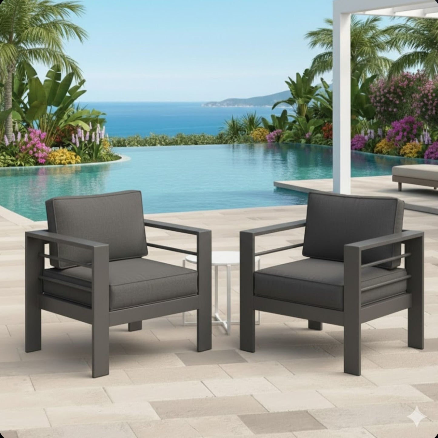 Modern All-Weather Patio Armchairs With Thick Cushions (Set of 2)