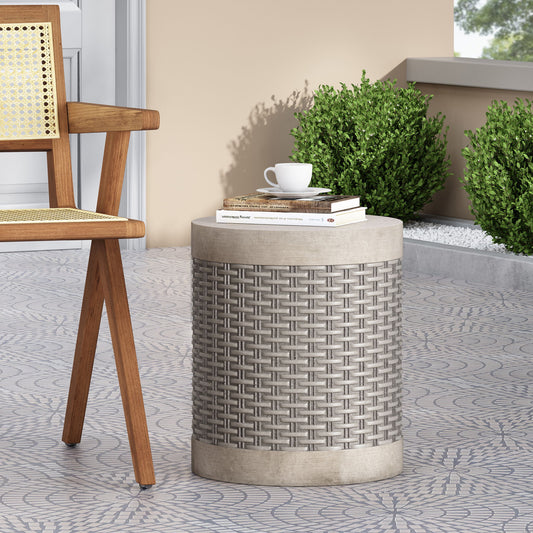 Outdoor Lightweight End Table Round Concrete Outdoor Side Table - Natural