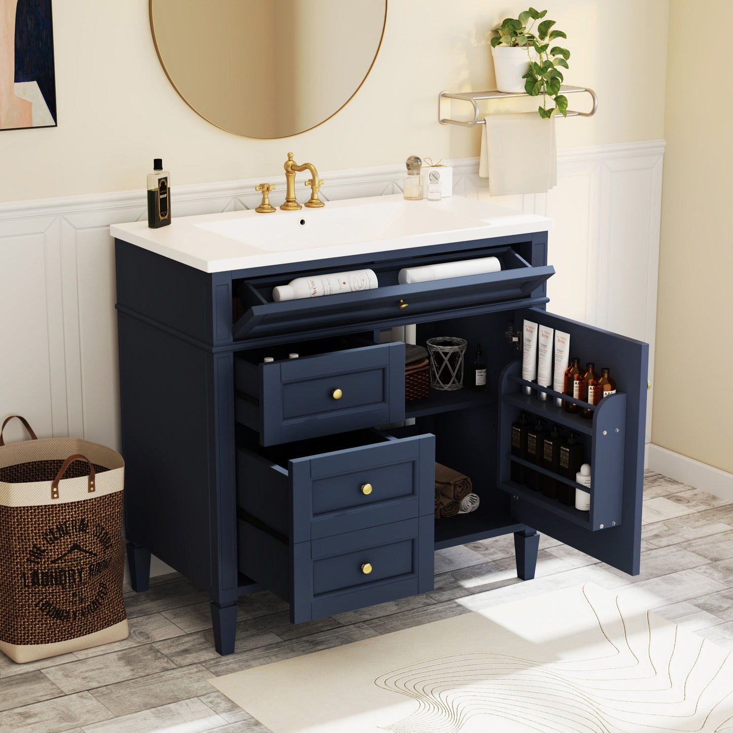 Bathroom Vanity With Top Sink, 2 Drawers And Tip Out Drawer, Rectangular Design