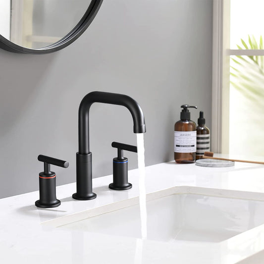 Widespread Bathroom Sink Faucet With Pop Up Drain And Brass Construction - Matte Black