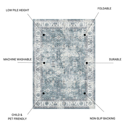 Toucan - 5' X 7' Washable Non - Slip Area Rug, Elegant Design - Silver