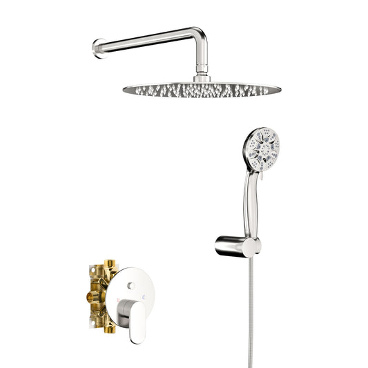 Dual Shower Head System With Rain Shower And Handheld, Wall Mounted, 10" Round Design - Brushed Nickel
