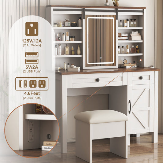 Rustic Farmhouse Makeup Vanity Desk With Sliding Mirror, LED Lights, And Charging Socket - White