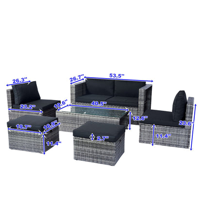 6 Piece Patio Wicker Sectional Set Patio Backyard Conversation Set Space Saving - Gray / Black