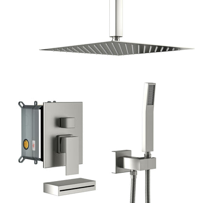 12" Ceiling Mount Square Shower System With Waterfall Tub Spout And Handheld Shower