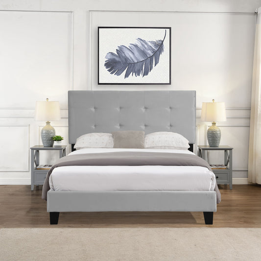 Full Size Upholstered Platform Bed Frame With Tufted Headboard, Strong Wood Slat Support - Gray