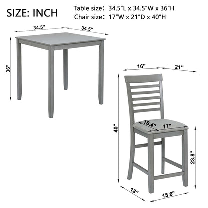 5 Piece Dining Table Set, Wooden Dining Square Table Set For 4, Counter Height Kitchen Table Set With Square Table And 4 Upholstered Chairs - Gray