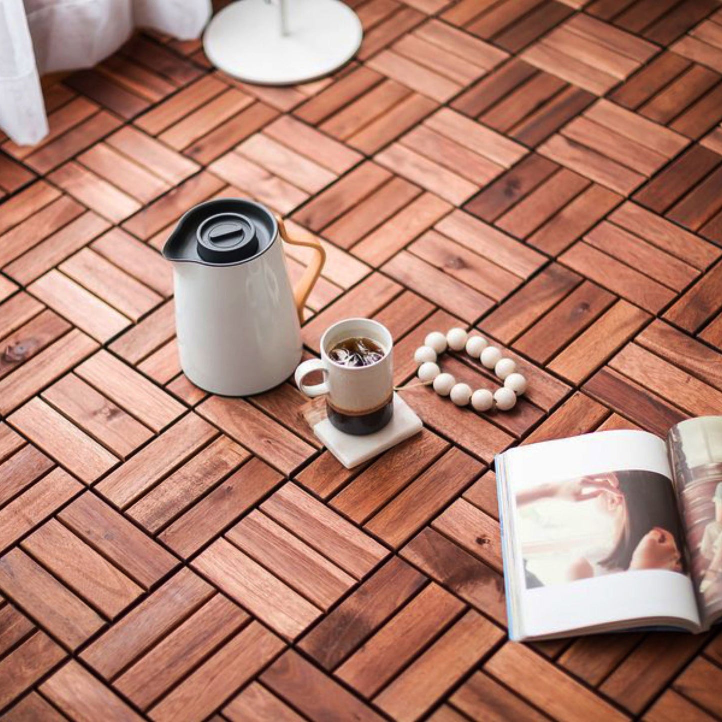 Acacia Wood Interlocking Deck Tiles Checker Pattern For Outdoor Flooring