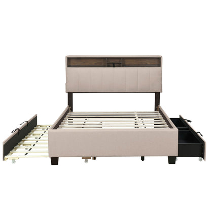 Upholstered Platform Bed With Storage Headboard, Trundle & 2 Drawers And A Set Of Sockets & USB Ports