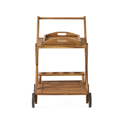 Riviera Bar Cart Stained Mobile With Wheels For Entertaining - Natural Stained