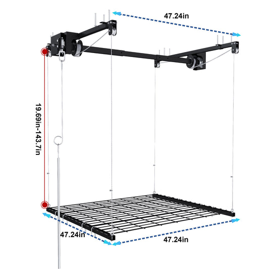 Overhead Garage Storage Rack 4 X 4 Ft For High Ceilings, With Safety Lock - Black