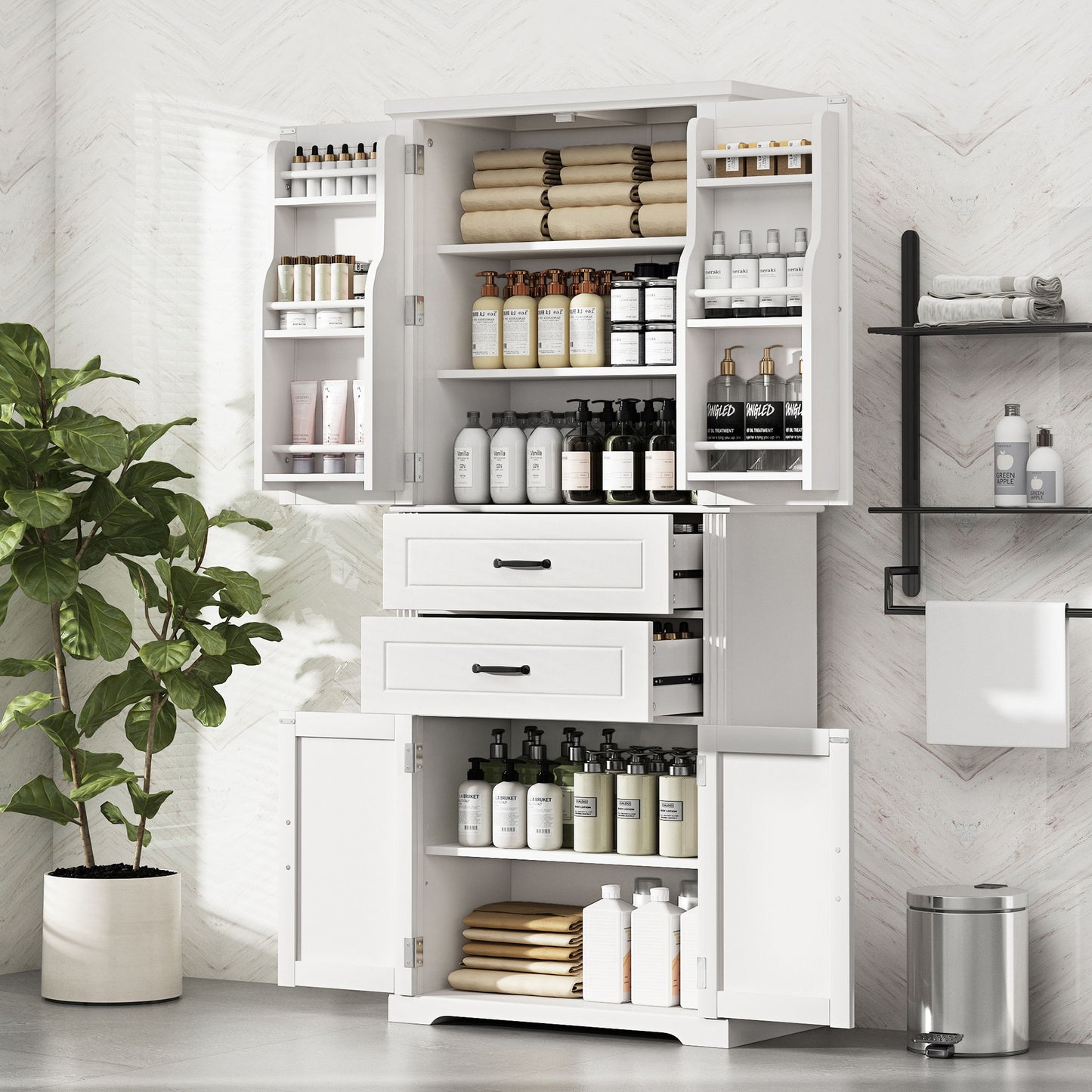 Multi Functional Storage Cabinet With Adjustable Shelves, 2 Drawers, Door Shelves