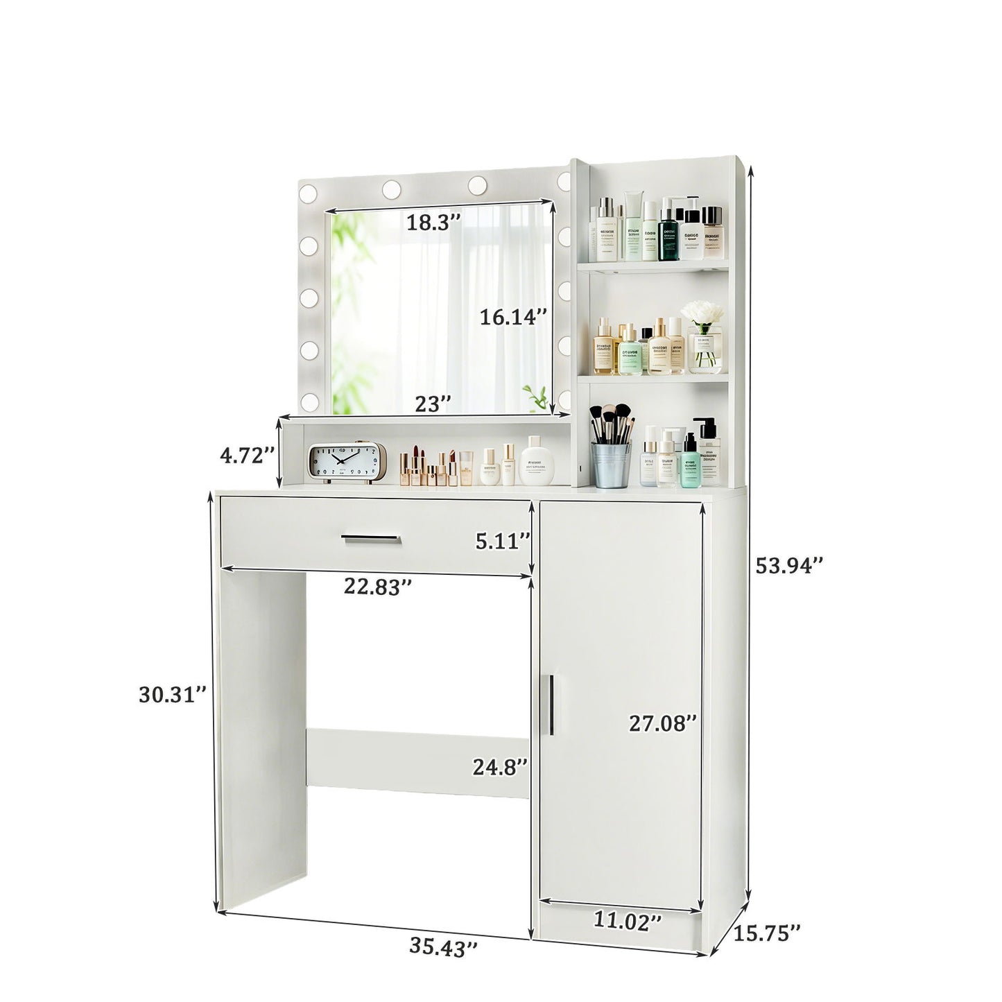 Vanity Desk With Mirror And Adjustable LED Lights, 3 Lighting Modes, Drawer And Storage Cabinet - White
