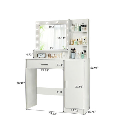 Vanity Desk With Mirror And Adjustable LED Lights, 3 Lighting Modes, Drawer And Storage Cabinet - White