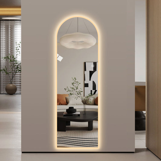 LED Full Length Wall Mirror With Symmetrical Arch Design, Dimmable 3 Color Temperature Lighting - Silver