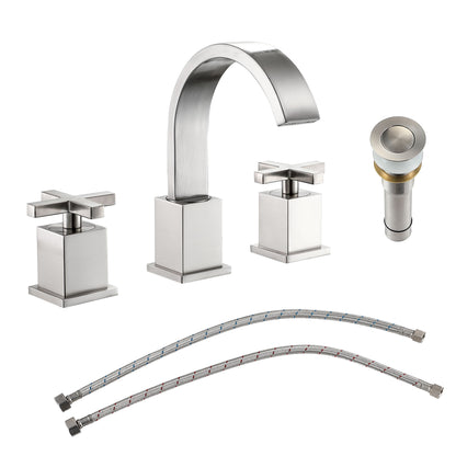 2 Handle Widespread Bathroom Faucet With Pop Up Drain And 2 Water Supply Lines - Brushed Nickel