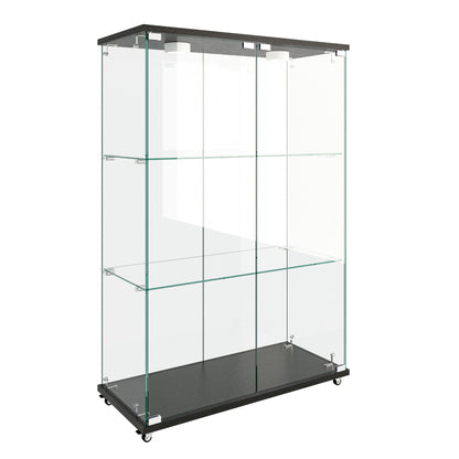 Modern Display Cabinet With LED Lights, Transparent Tempered Glass 2 Door Storage Case With 3 Shelves